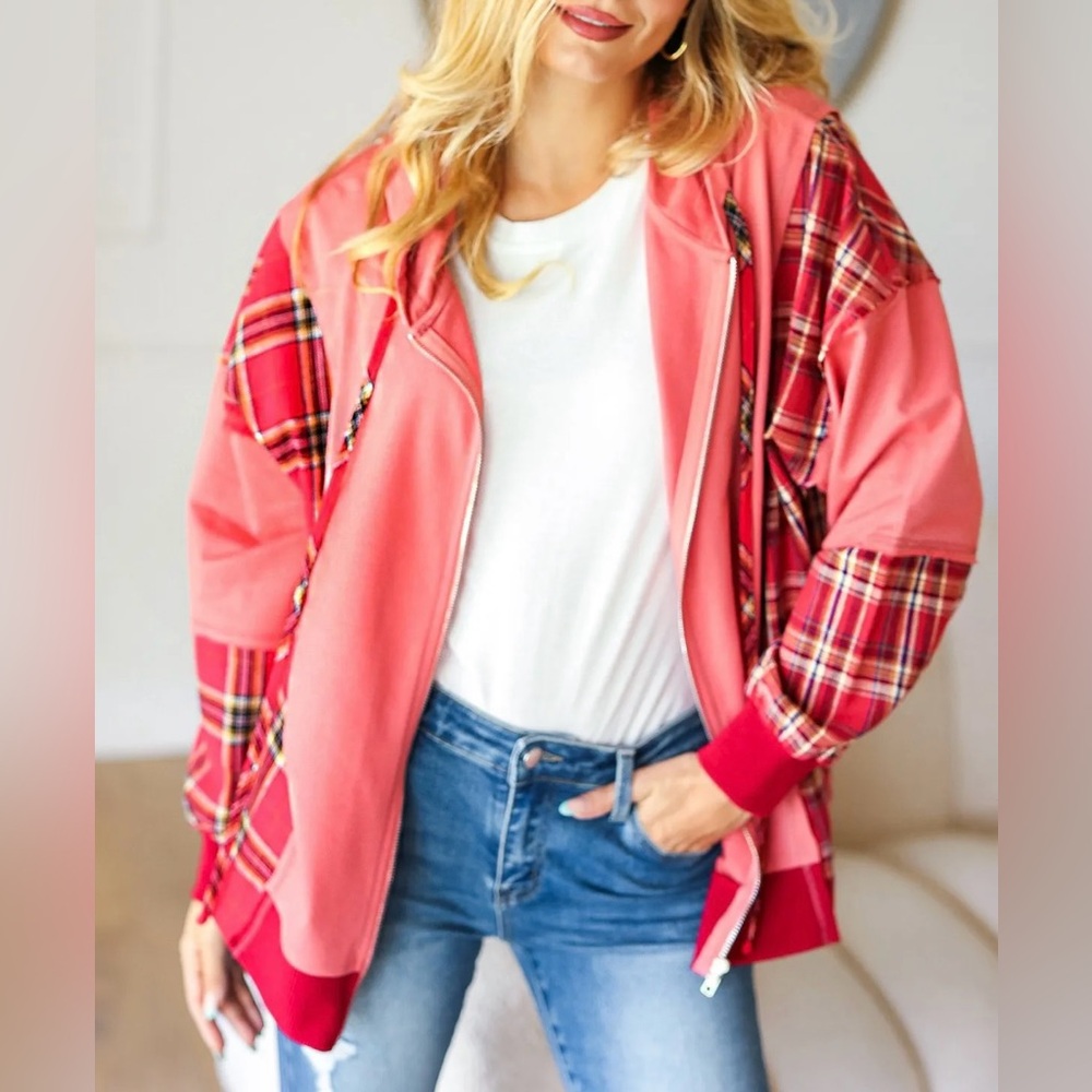 New! Haptics Marsala Plaid Color Block Zipper French Terry Hoodie